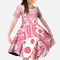 Pink Bula Fiji Family Matching Off The Shoulder Long Sleeve Dress and Hawaiian Shirt Unique Masi Tapa Pattern LT14 Daughter's Dress Pink - Polynesian Pride