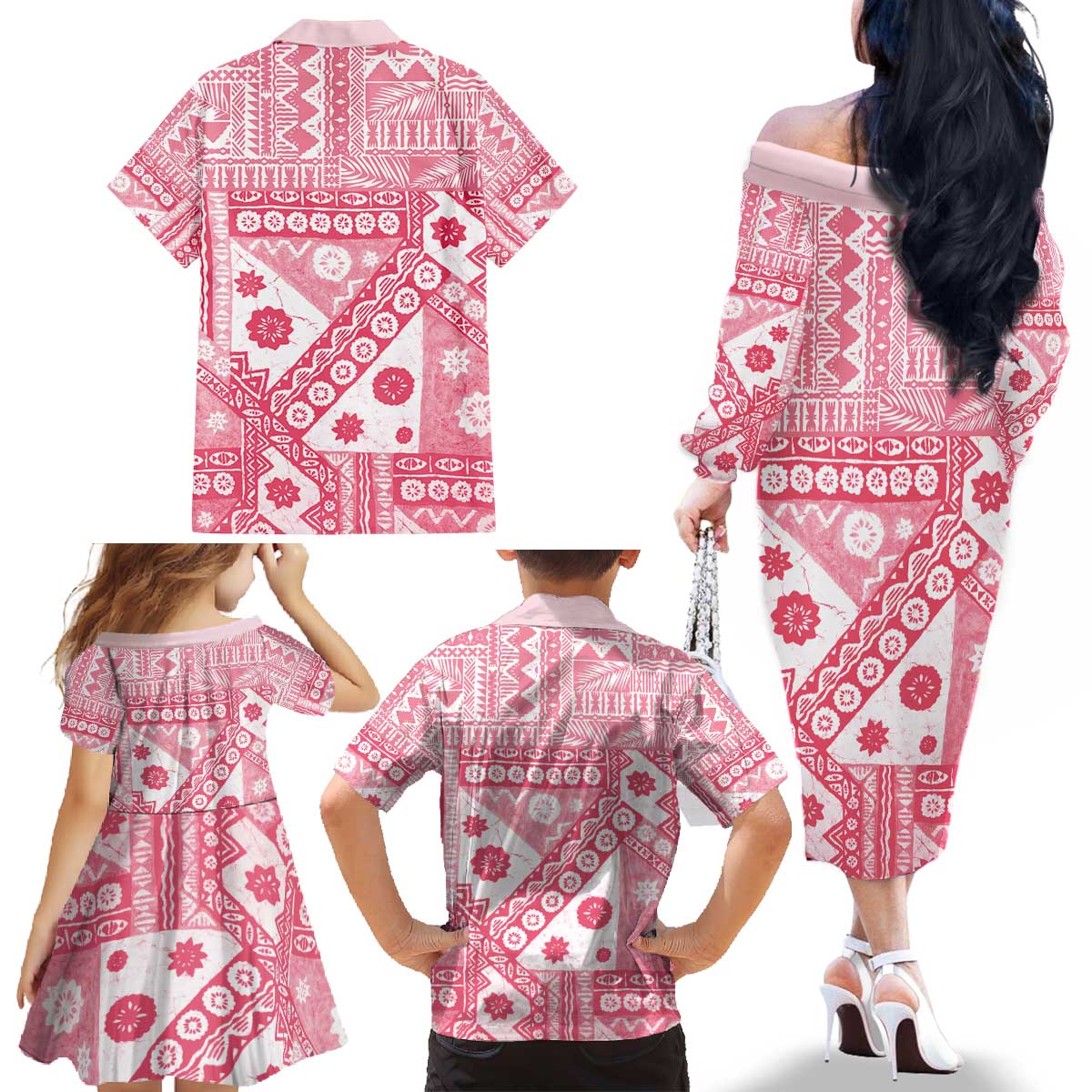 Pink Bula Fiji Family Matching Off The Shoulder Long Sleeve Dress and Hawaiian Shirt Unique Masi Tapa Pattern LT14 - Polynesian Pride