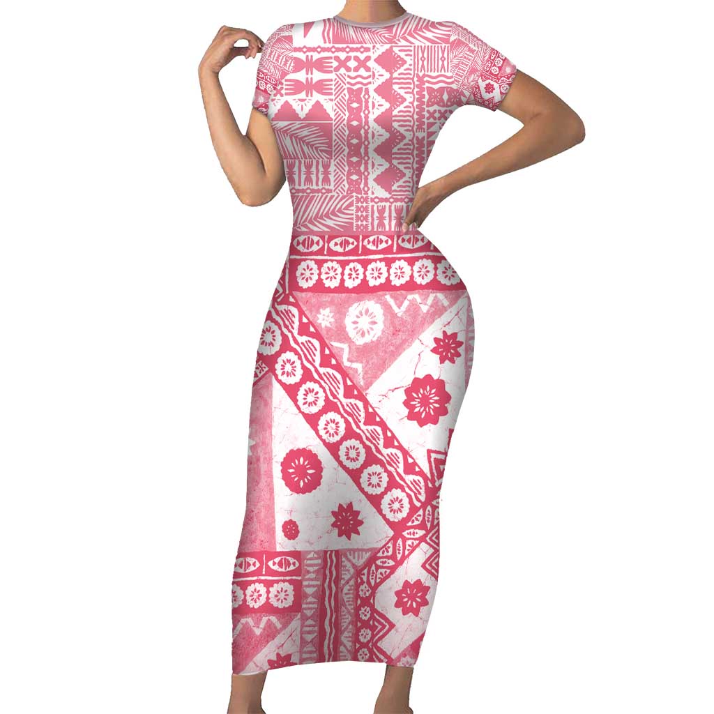 Pink Bula Fiji Family Matching Short Sleeve Bodycon Dress and Hawaiian Shirt Unique Masi Tapa Pattern