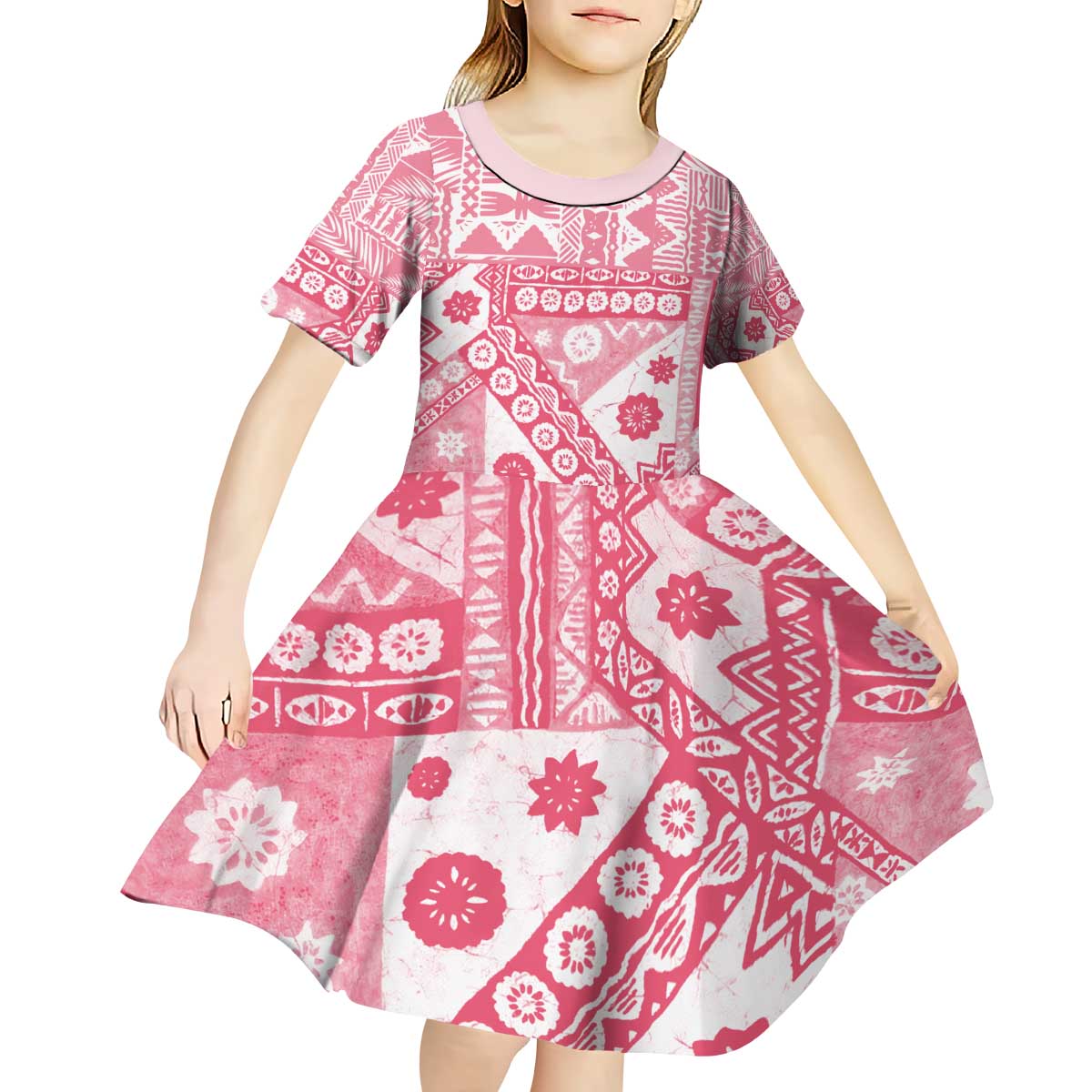 Pink Bula Fiji Kid Short Sleeve Dress Unique Masi Tapa Pattern