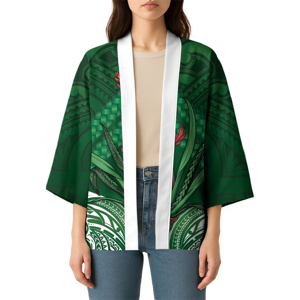 Rongoa Maori New Zealand Harakeke Kimono NZ Weaving Pattern Green LT14 - Polynesian Pride