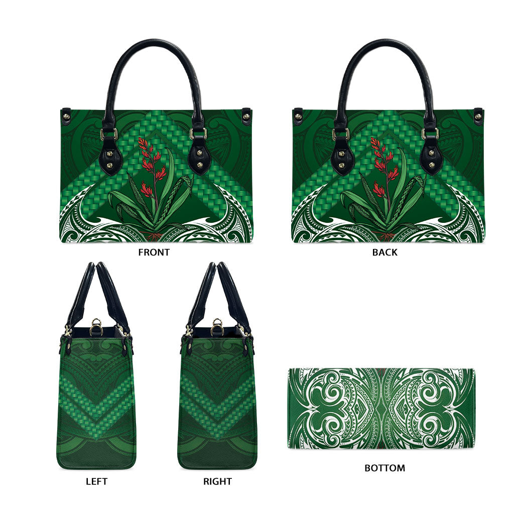 Rongoa Maori New Zealand Harakeke Leather Bag NZ Weaving Pattern Green LT14 - Polynesian Pride