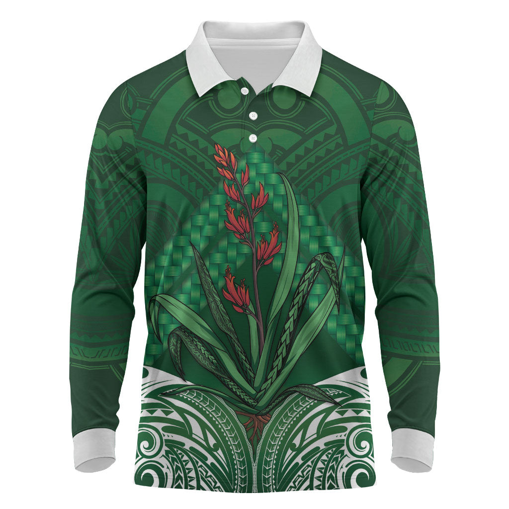 Rongoa Maori New Zealand Harakeke Long Sleeve Polo Shirt NZ Weaving Pattern Green LT14 Green - Polynesian Pride