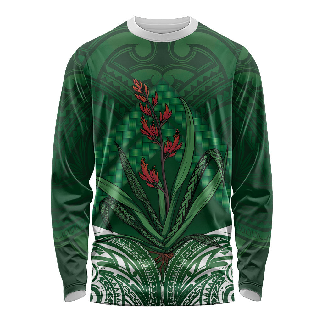 Rongoa Maori New Zealand Harakeke Long Sleeve Shirt NZ Weaving Pattern Green LT14 Unisex Green - Polynesian Pride