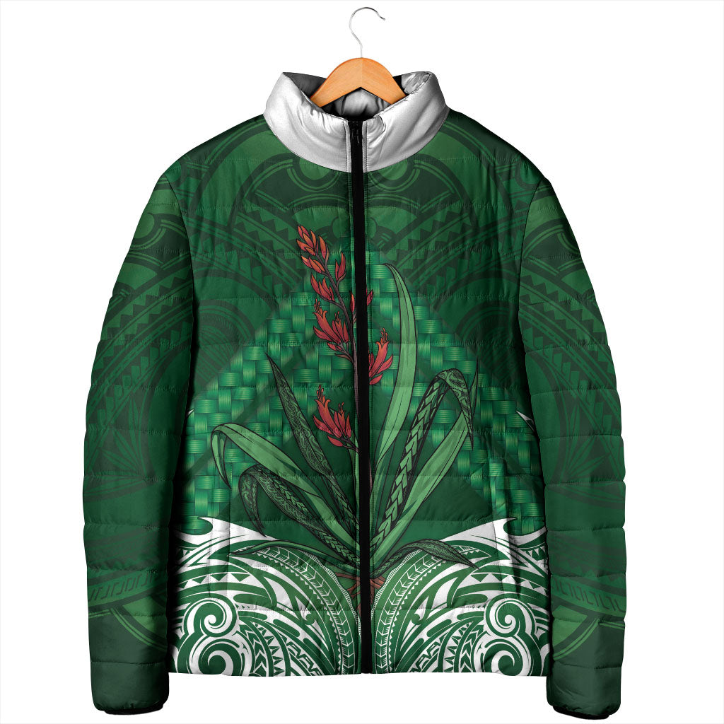 Rongoa Maori New Zealand Harakeke Padded Jacket NZ Weaving Pattern Green LT14 - Polynesian Pride