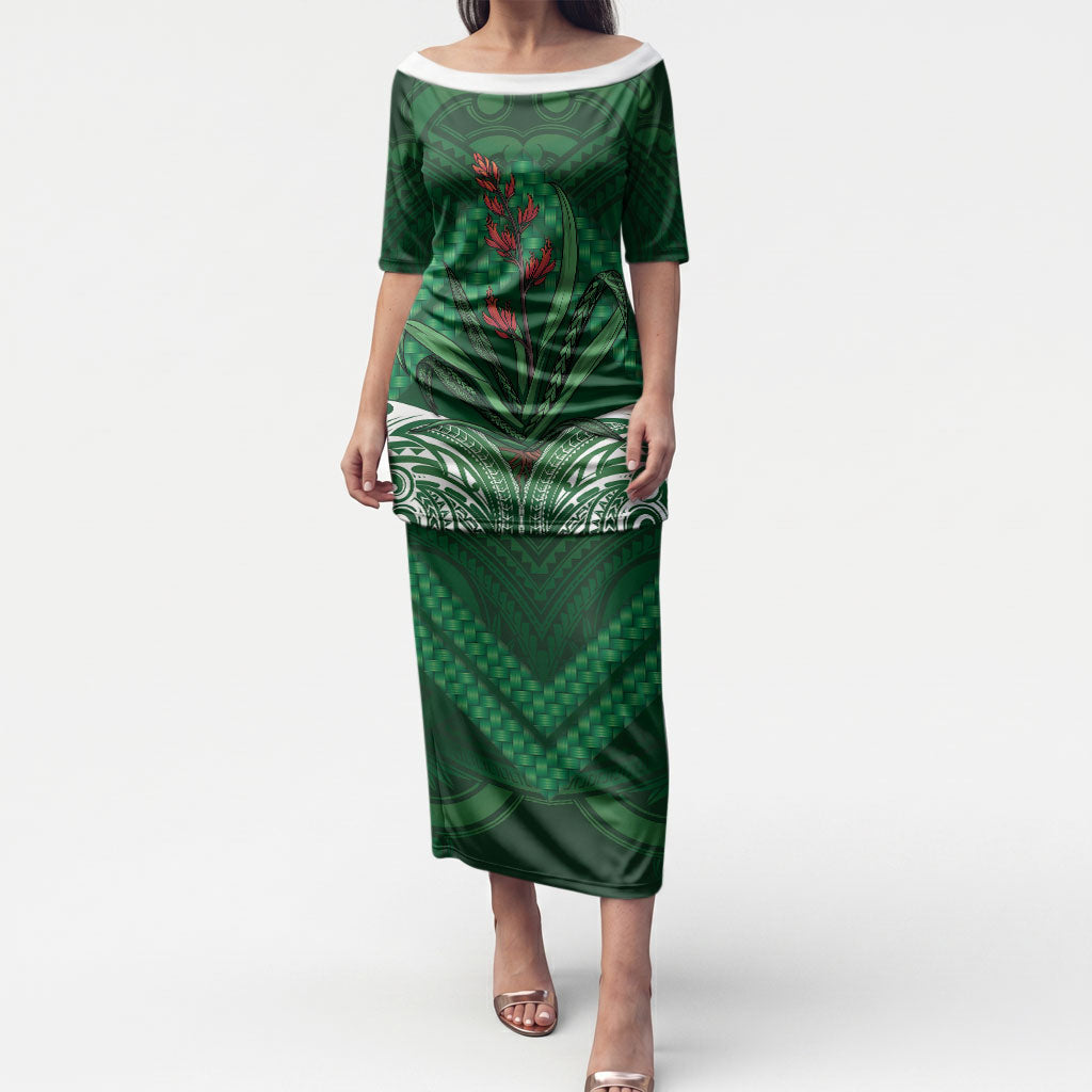Rongoa Maori New Zealand Harakeke Puletasi NZ Weaving Pattern Green LT14 Long Dress Green - Polynesian Pride