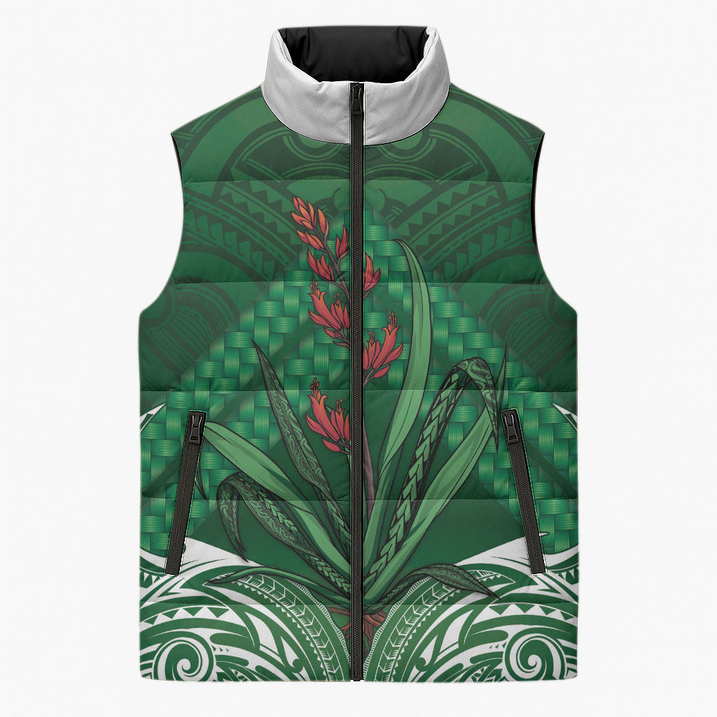 Rongoa Maori New Zealand Harakeke Sleeveless Puffer Jacket NZ Weaving Pattern Green LT14 Unisex Green - Polynesian Pride