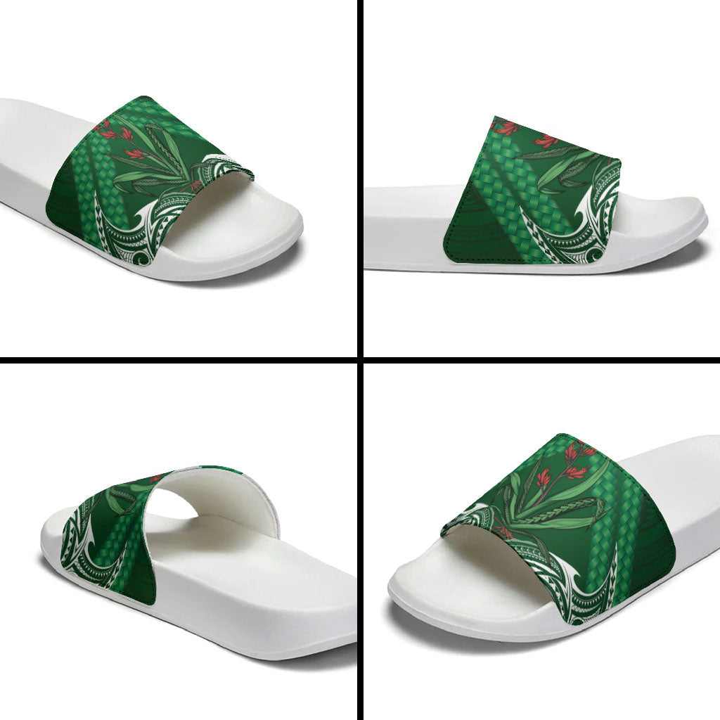 Rongoa Maori New Zealand Harakeke Slide Sandals NZ Weaving Pattern Green LT14 - Polynesian Pride