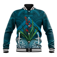 Rongoa Maori New Zealand Harakeke Baseball Jacket NZ Weaving Pattern Dark Teal LT14 Unisex Dark Teal - Polynesian Pride
