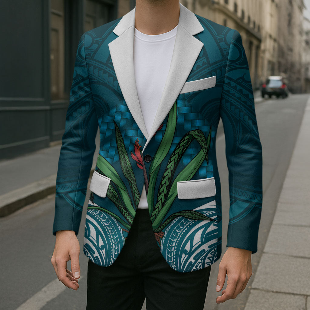 Rongoa Maori New Zealand Harakeke Blazer NZ Weaving Pattern Dark Teal LT14 - Polynesian Pride
