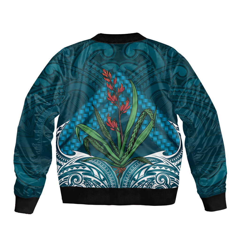 Rongoa Maori New Zealand Harakeke Bomber Jacket NZ Weaving Pattern Dark Teal LT14 - Polynesian Pride