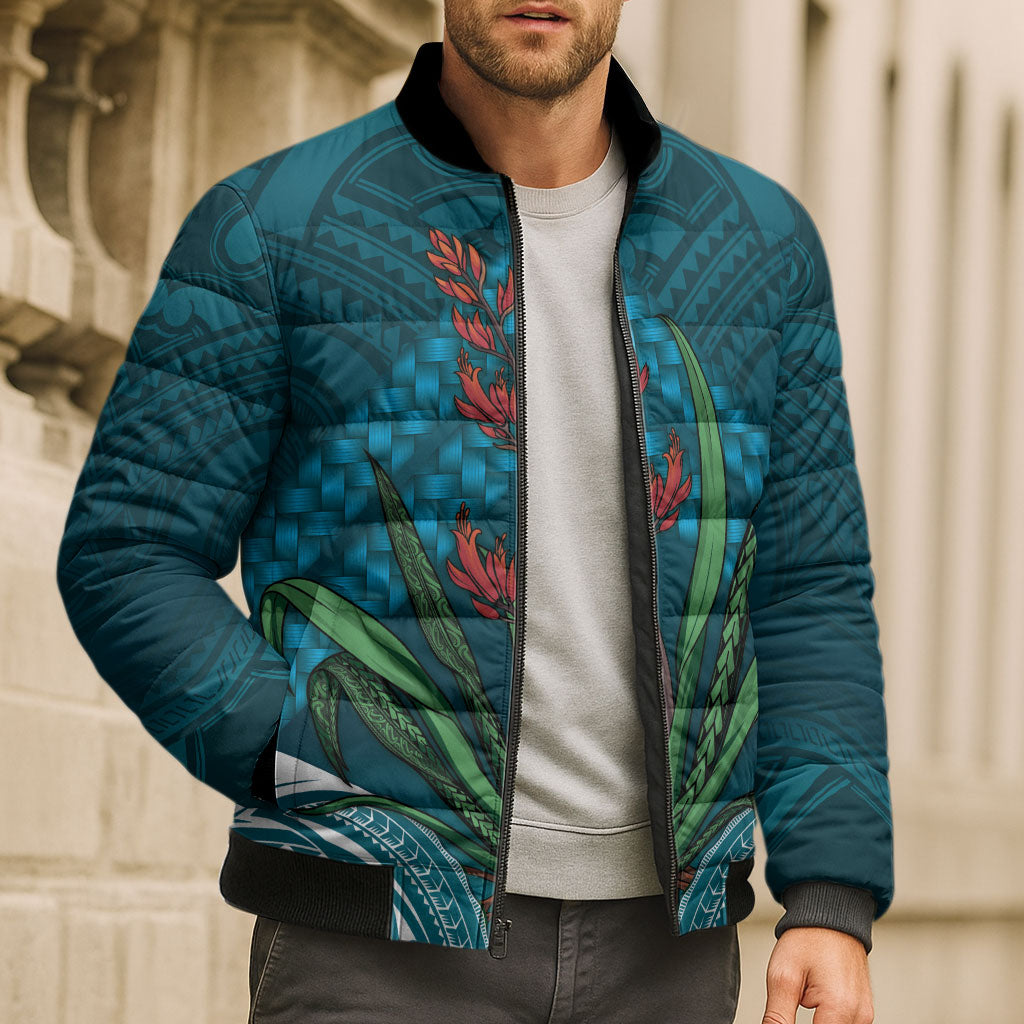 Rongoa Maori New Zealand Harakeke Bomber Puffer Jacket NZ Weaving Pattern Dark Teal LT14 - Polynesian Pride