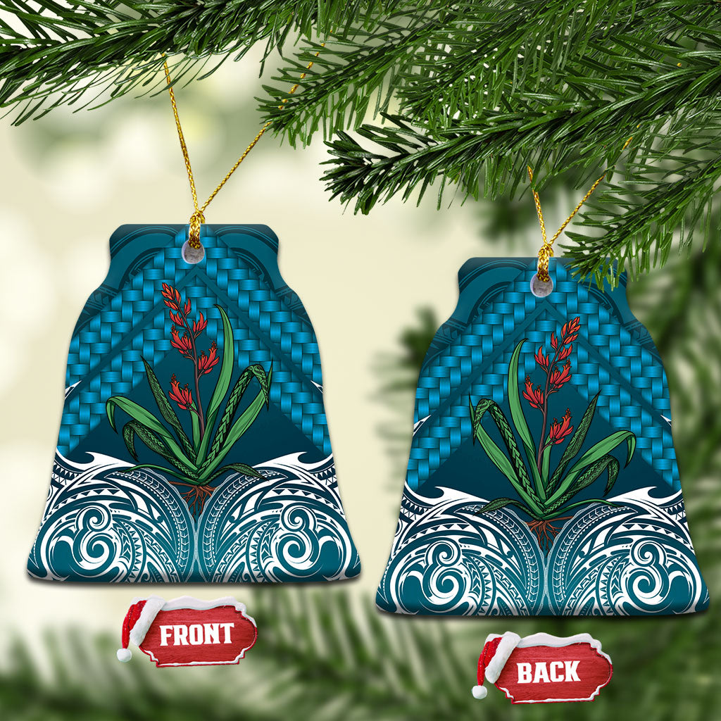 Rongoa Maori New Zealand Harakeke Ceramic Ornament NZ Weaving Pattern Dark Teal LT14 Bell Flake Dark Teal - Polynesian Pride