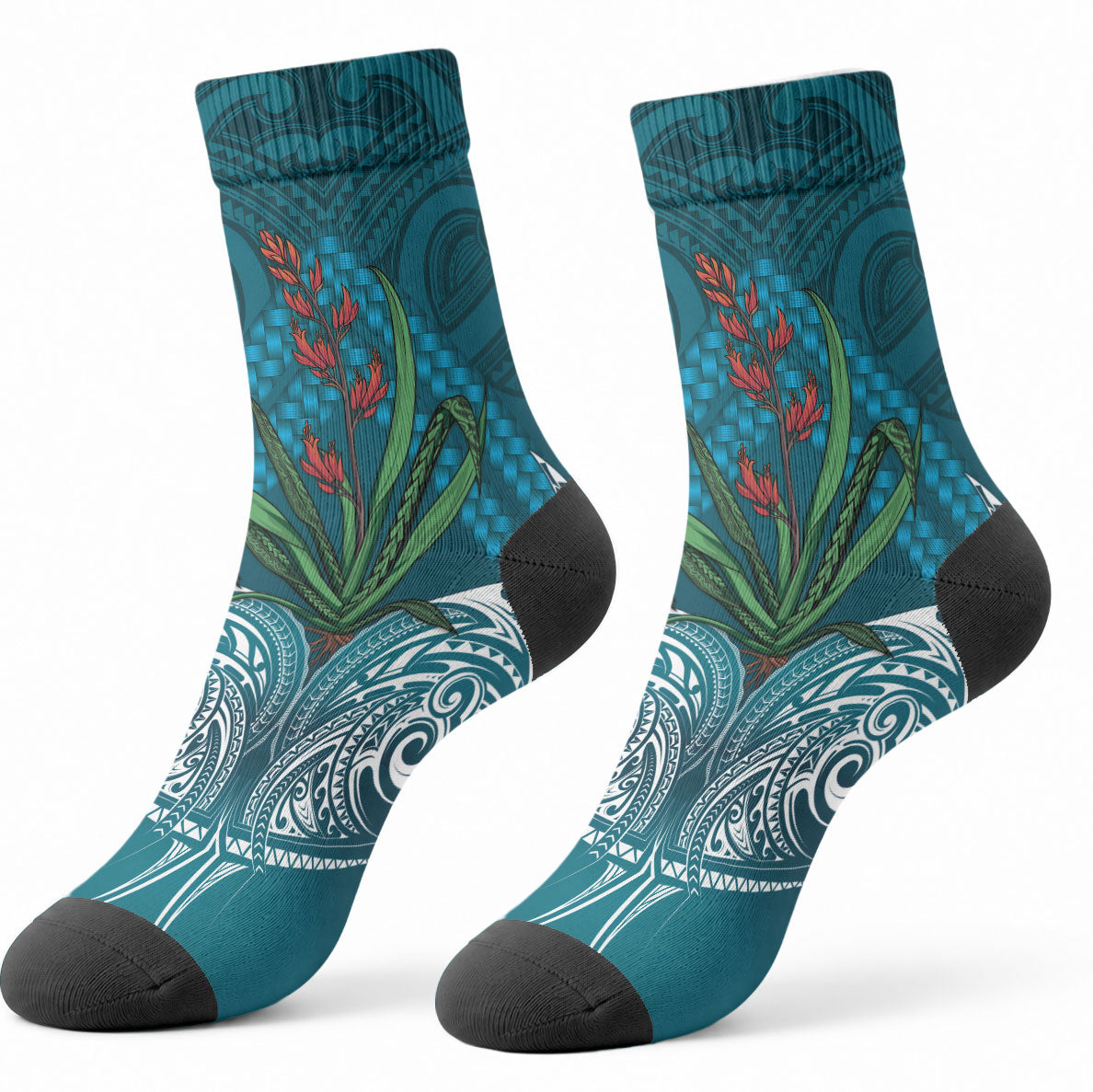 Rongoa Maori New Zealand Harakeke Crew Socks NZ Weaving Pattern Dark Teal LT14 - Polynesian Pride