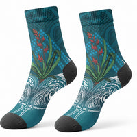 Rongoa Maori New Zealand Harakeke Crew Socks NZ Weaving Pattern Dark Teal LT14 - Polynesian Pride