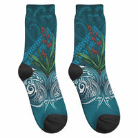 Rongoa Maori New Zealand Harakeke Crew Socks NZ Weaving Pattern Dark Teal LT14 - Polynesian Pride