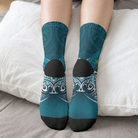 Rongoa Maori New Zealand Harakeke Crew Socks NZ Weaving Pattern Dark Teal LT14 - Polynesian Pride