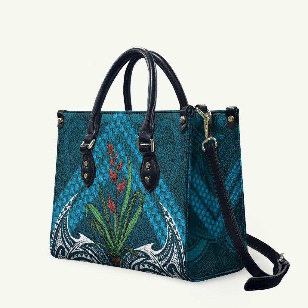 Rongoa Maori New Zealand Harakeke Leather Bag NZ Weaving Pattern Dark Teal LT14 Dark Teal - Polynesian Pride