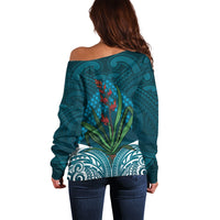 Rongoa Maori New Zealand Harakeke Off Shoulder Sweater NZ Weaving Pattern Dark Teal LT14 - Polynesian Pride