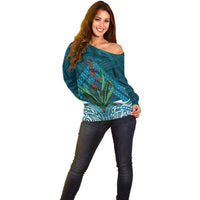 Rongoa Maori New Zealand Harakeke Off Shoulder Sweater NZ Weaving Pattern Dark Teal LT14 - Polynesian Pride