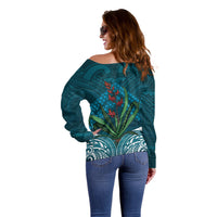 Rongoa Maori New Zealand Harakeke Off Shoulder Sweater NZ Weaving Pattern Dark Teal LT14 - Polynesian Pride