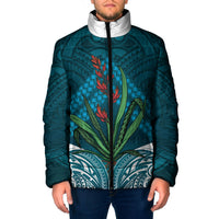 Rongoa Maori New Zealand Harakeke Padded Jacket NZ Weaving Pattern Dark Teal LT14 Men Dark Teal - Polynesian Pride