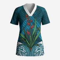 Rongoa Maori New Zealand Harakeke Scrub Top NZ Weaving Pattern Dark Teal LT14 Adult Dark Teal - Polynesian Pride