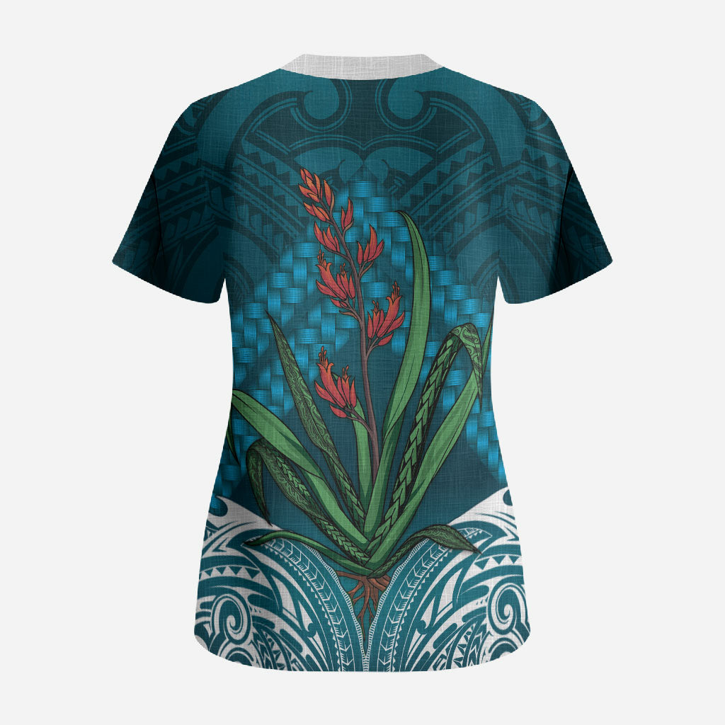 Rongoa Maori New Zealand Harakeke Scrub Top NZ Weaving Pattern Dark Teal LT14 - Polynesian Pride