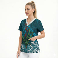Rongoa Maori New Zealand Harakeke Scrub Top NZ Weaving Pattern Dark Teal LT14 - Polynesian Pride