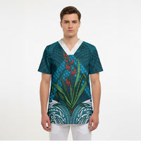 Rongoa Maori New Zealand Harakeke Scrub Top NZ Weaving Pattern Dark Teal LT14 - Polynesian Pride