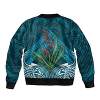 Rongoa Maori New Zealand Harakeke Sleeve Zip Bomber Jacket NZ Weaving Pattern Dark Teal LT14 - Polynesian Pride