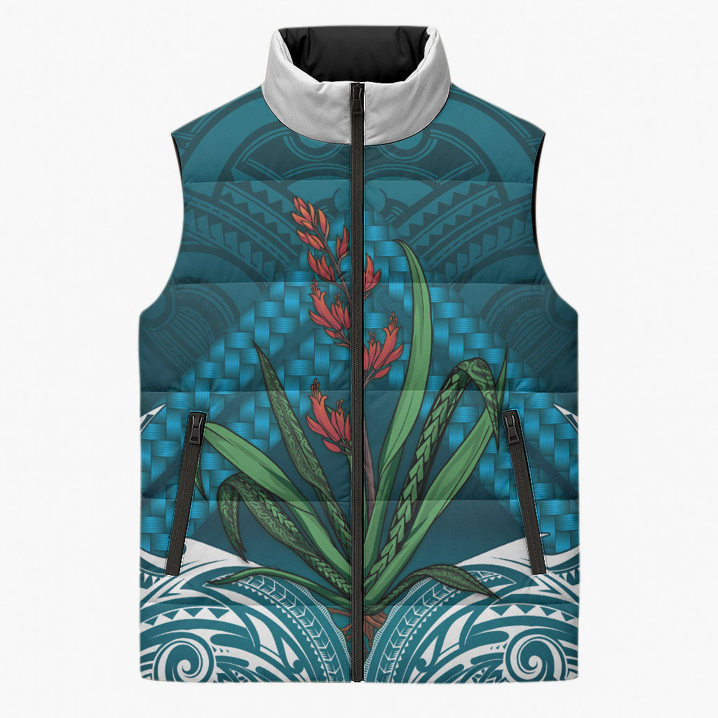 Rongoa Maori New Zealand Harakeke Sleeveless Puffer Jacket NZ Weaving Pattern Dark Teal LT14 Unisex Dark Teal - Polynesian Pride
