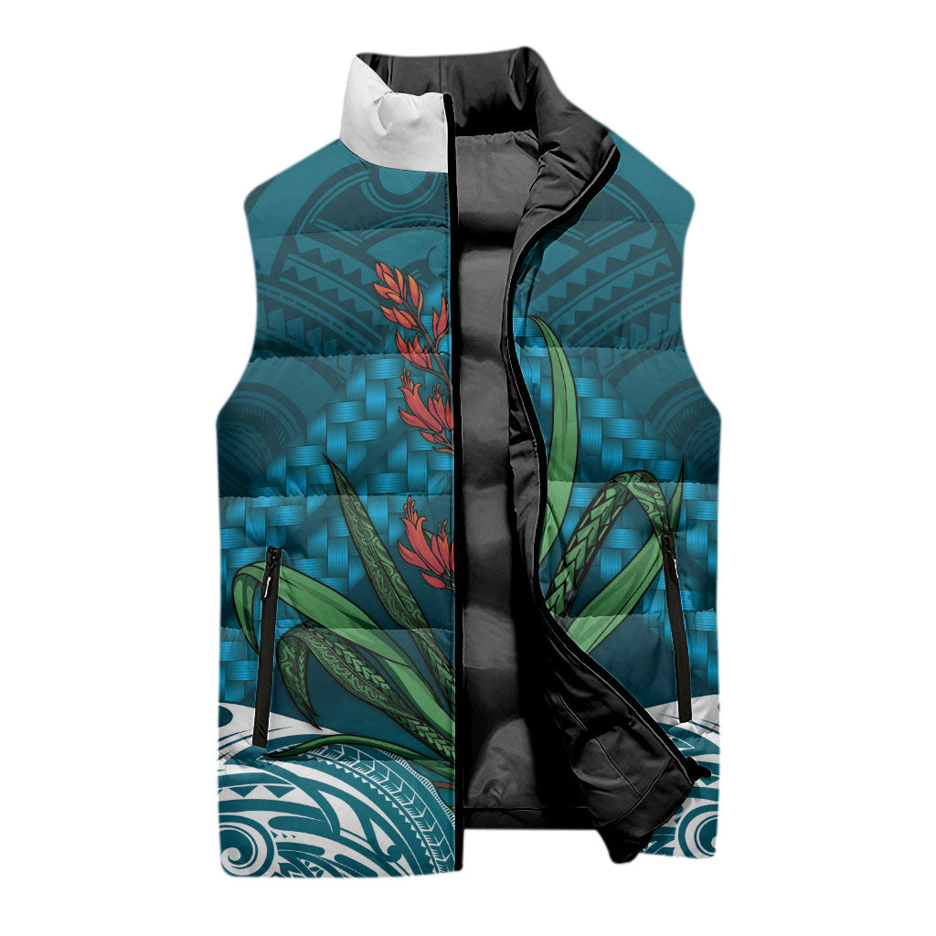 Rongoa Maori New Zealand Harakeke Sleeveless Puffer Jacket NZ Weaving Pattern Dark Teal LT14 - Polynesian Pride