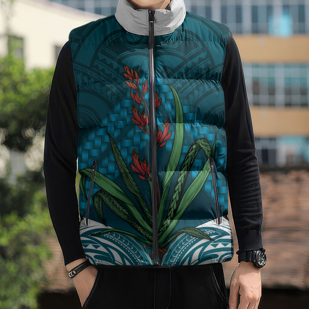 Rongoa Maori New Zealand Harakeke Sleeveless Puffer Jacket NZ Weaving Pattern Dark Teal LT14 - Polynesian Pride