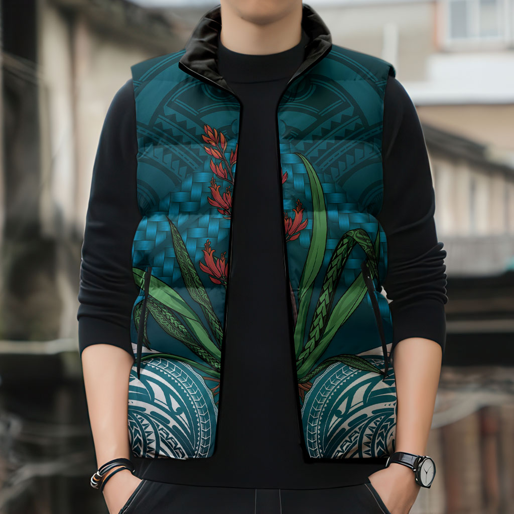 Rongoa Maori New Zealand Harakeke Sleeveless Puffer Jacket NZ Weaving Pattern Dark Teal LT14 - Polynesian Pride