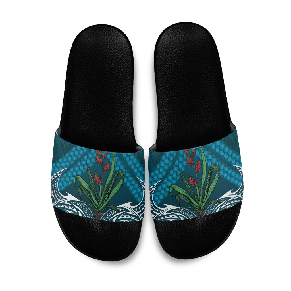 Rongoa Maori New Zealand Harakeke Slide Sandals NZ Weaving Pattern Dark Teal LT14 Dark Teal - Polynesian Pride