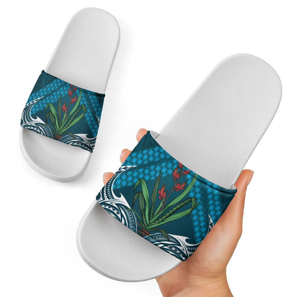Rongoa Maori New Zealand Harakeke Slide Sandals NZ Weaving Pattern Dark Teal LT14 - Polynesian Pride