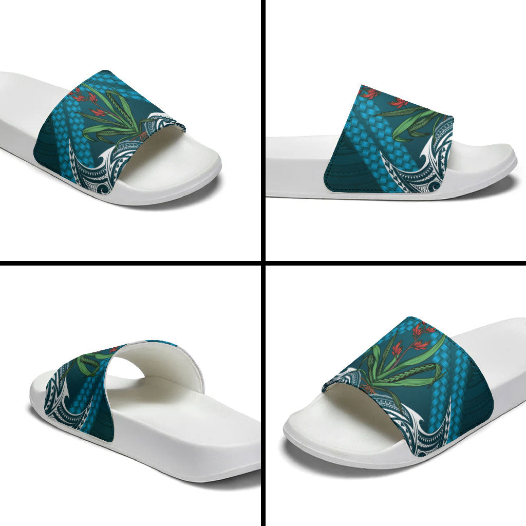 Rongoa Maori New Zealand Harakeke Slide Sandals NZ Weaving Pattern Dark Teal LT14 - Polynesian Pride