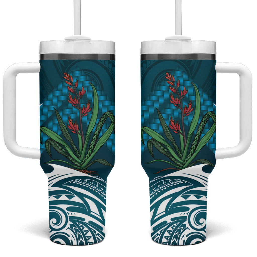 Rongoa Maori New Zealand Harakeke Tumbler With Handle NZ Weaving Pattern Dark Teal LT14 One Size: 40 oz Dark Teal - Polynesian Pride