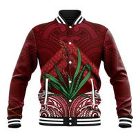 Rongoa Maori New Zealand Harakeke Baseball Jacket NZ Weaving Pattern Red LT14 Unisex Red - Polynesian Pride