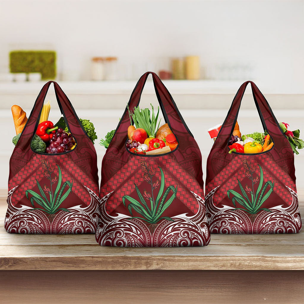 Rongoa Maori New Zealand Harakeke Grocery Bag NZ Weaving Pattern Red LT14 3-pack One Size Red - Polynesian Pride