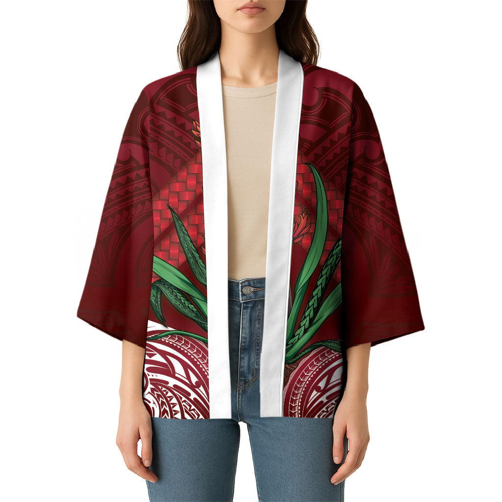 Rongoa Maori New Zealand Harakeke Kimono NZ Weaving Pattern Red LT14 - Polynesian Pride