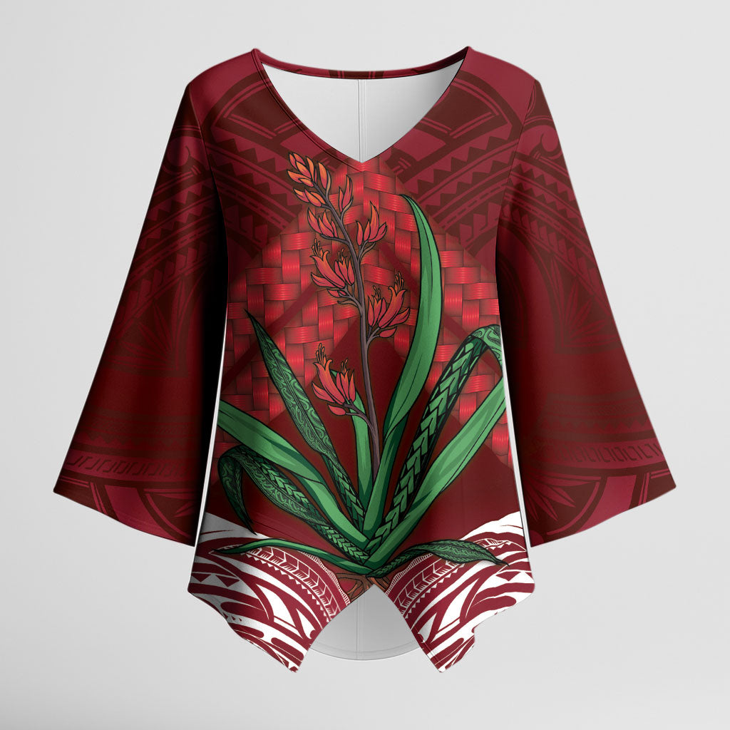 Rongoa Maori New Zealand Harakeke Kimono Sleeve Blouse NZ Weaving Pattern Red LT14 Female Red - Polynesian Pride