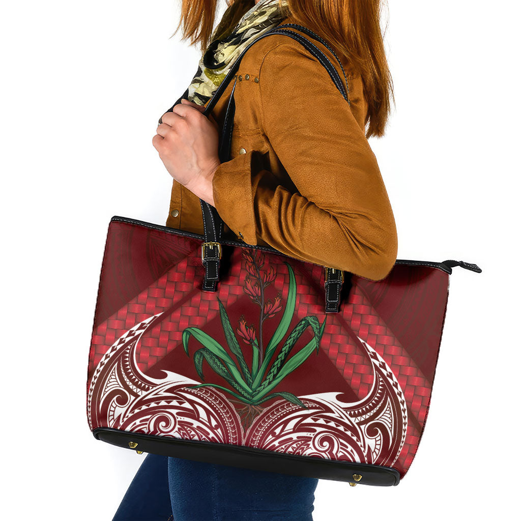 Rongoa Maori New Zealand Harakeke Leather Tote Bag NZ Weaving Pattern Red LT14 Red - Polynesian Pride
