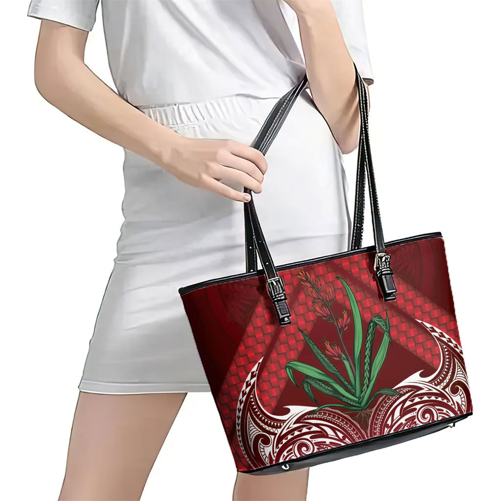 Rongoa Maori New Zealand Harakeke Leather Tote Bag NZ Weaving Pattern Red LT14 - Polynesian Pride
