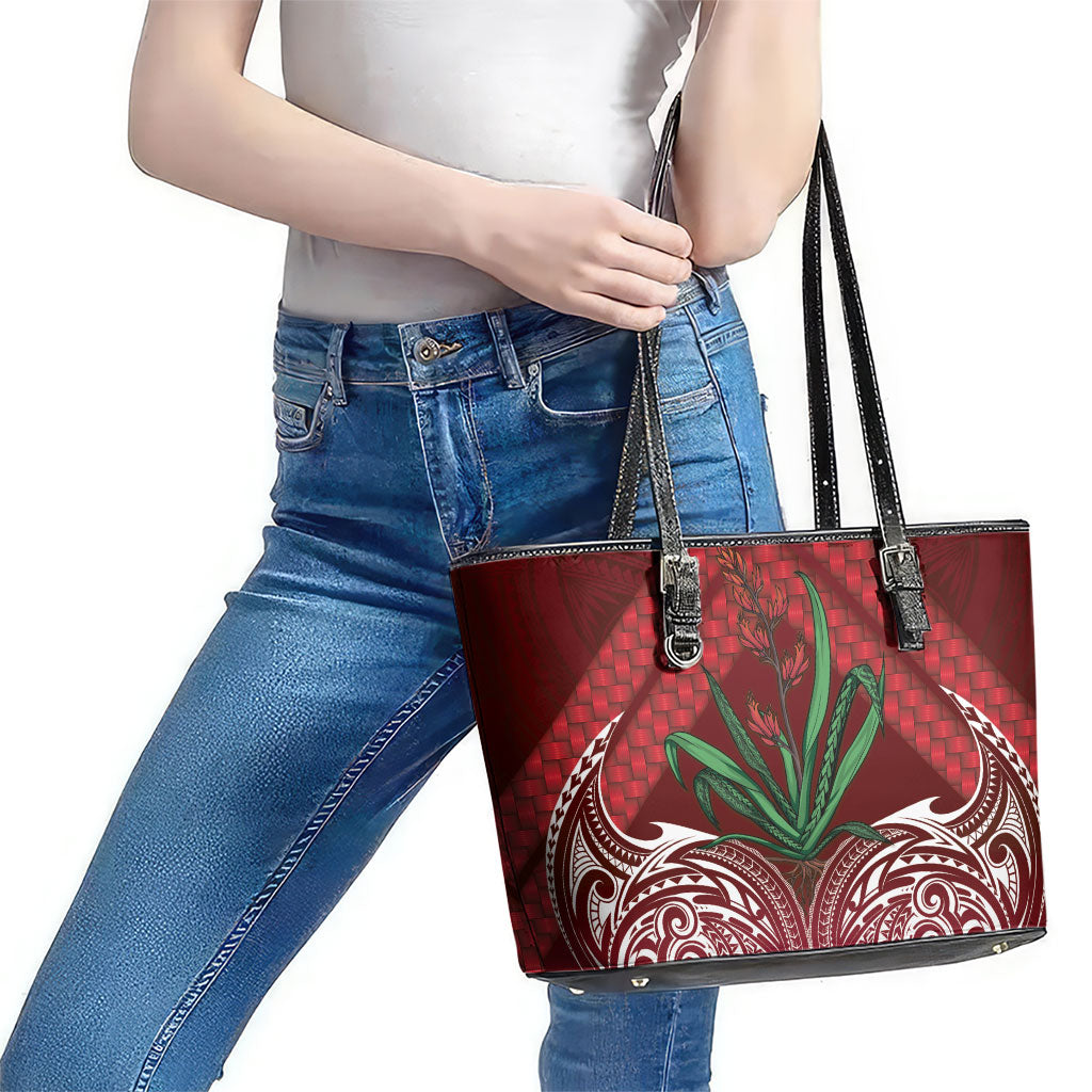 Rongoa Maori New Zealand Harakeke Leather Tote Bag NZ Weaving Pattern Red LT14 - Polynesian Pride
