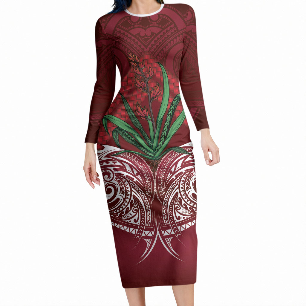 Rongoa Maori New Zealand Harakeke Long Sleeve Bodycon Dress NZ Weaving Pattern Red LT14 Long Dress Red - Polynesian Pride