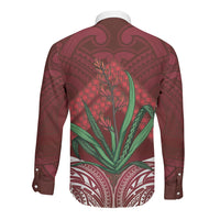Rongoa Maori New Zealand Harakeke Long Sleeve Button Shirt NZ Weaving Pattern Red LT14 - Polynesian Pride