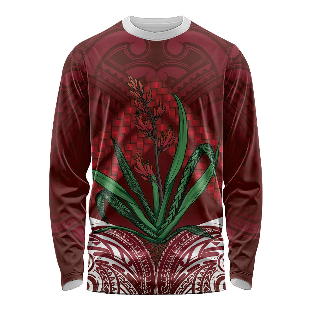 Rongoa Maori New Zealand Harakeke Long Sleeve Shirt NZ Weaving Pattern Red LT14 Unisex Red - Polynesian Pride