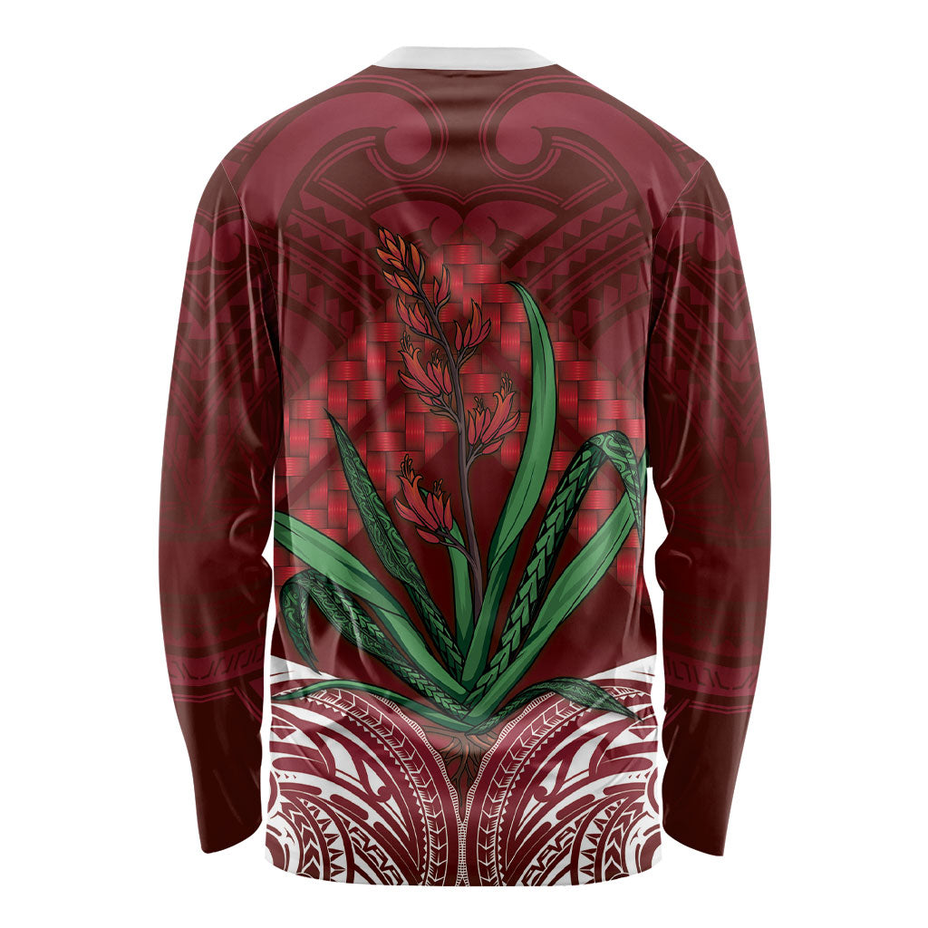 Rongoa Maori New Zealand Harakeke Long Sleeve Shirt NZ Weaving Pattern Red LT14 - Polynesian Pride
